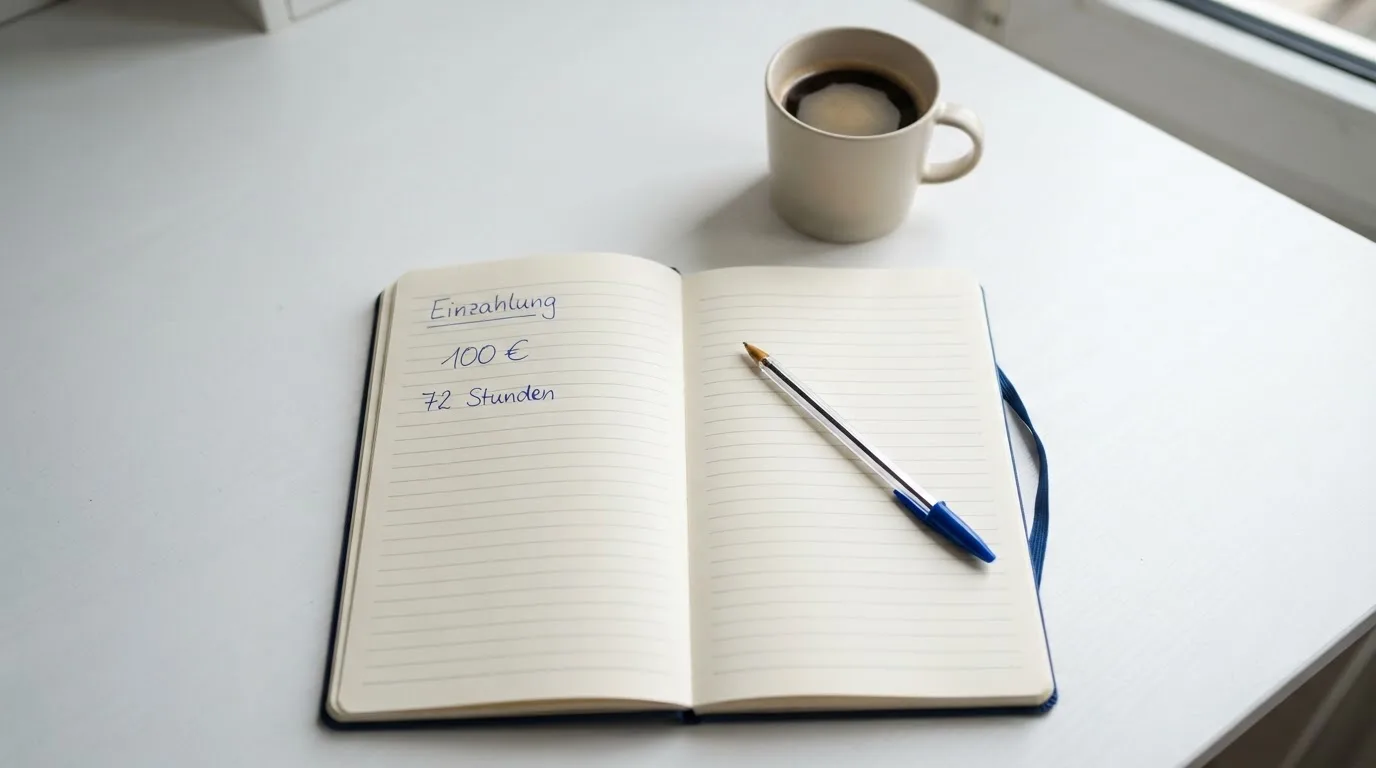 Ein aufgeschlagenes Notizbuch mit handschriftlichen Notizen und ein Kugelschreiber liegen auf einem hellen Schreibtisch neben einer Kaffeetasse.