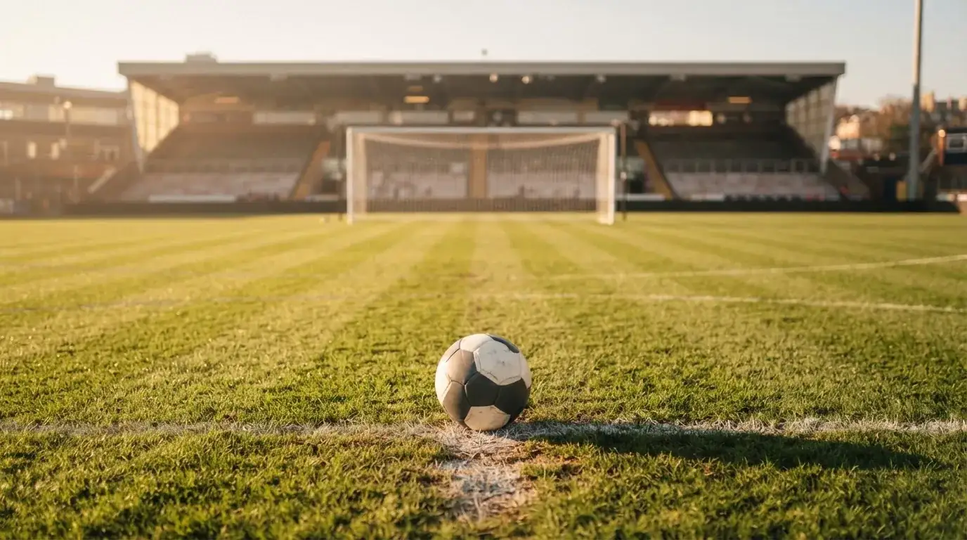 Ein Fußball liegt auf dem Elfmeterpunkt eines leeren Rasenplatzes, im Hintergrund eine Tribüne im Dunst.