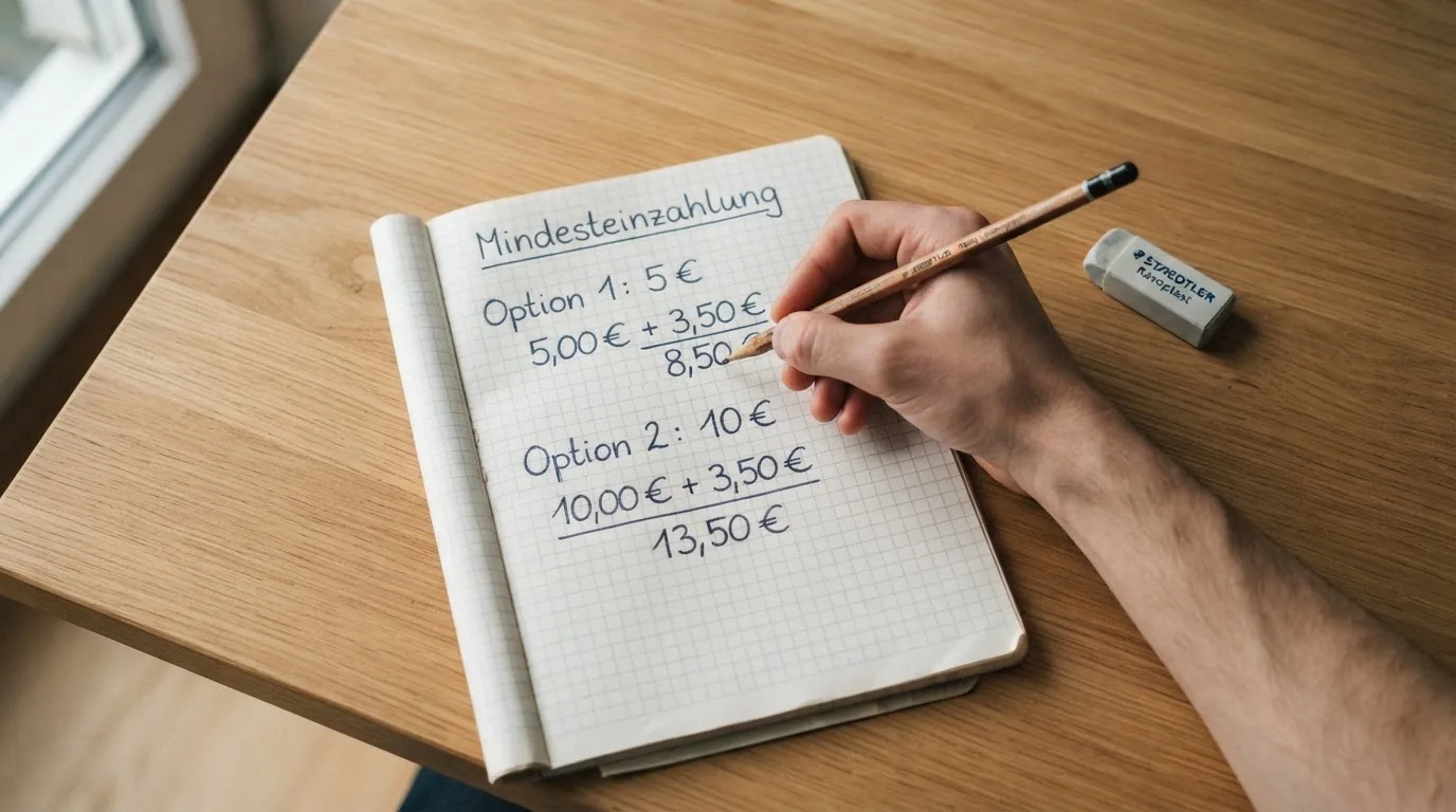 Eine Hand schreibt mit Bleistift Rechenschritte in ein kariertes Heft, daneben liegen ein Radiergummi und ein Taschenrechner.