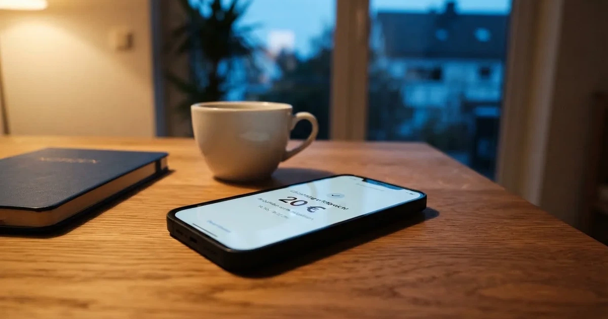 Zwei Euro-Scheine und ein Smartphone liegen auf einem Holztisch neben einer Tasse, im Hintergrund ein unscharfes Fenster.