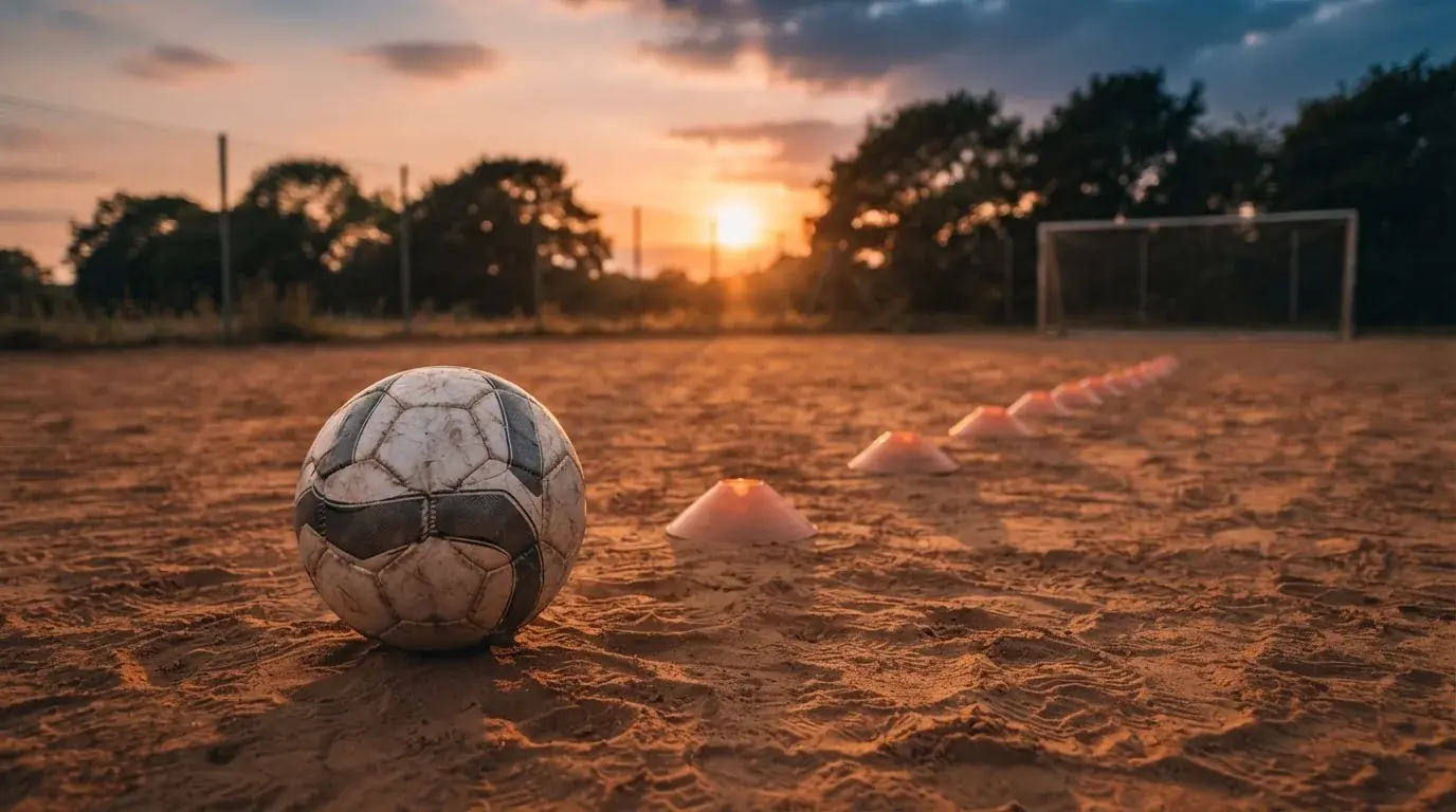 Ein Fußball auf rotem Sandboden neben einer Reihe Hütchen auf einem Trainingsplatz bei untergehender Sonne.