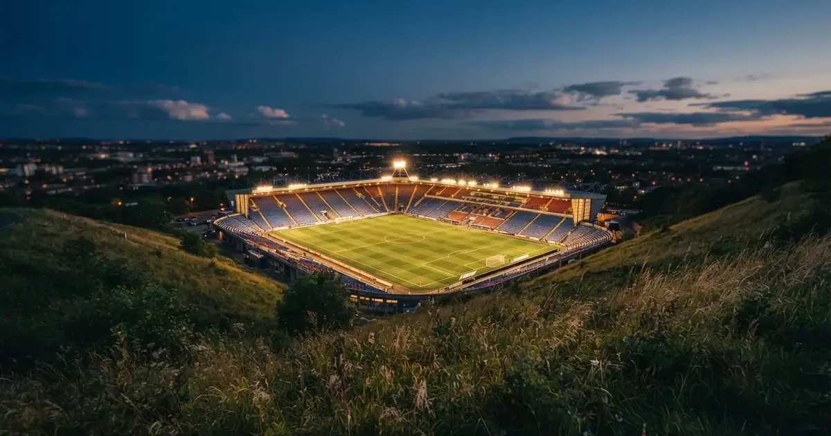 Ein Fußballstadion unter Flutlicht mit hellen Rängen, von einem Hügel aus gesehen, darüber ein dunkelblauer Abendhimmel.
