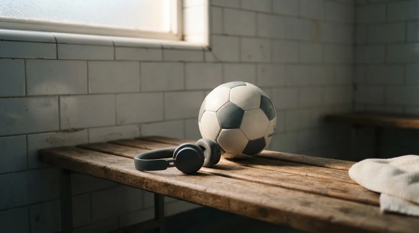 Ein Fußball liegt neben Kopfhörern auf einer Holzbank in einer Umkleide, Licht fällt durch ein schmales Fenster.