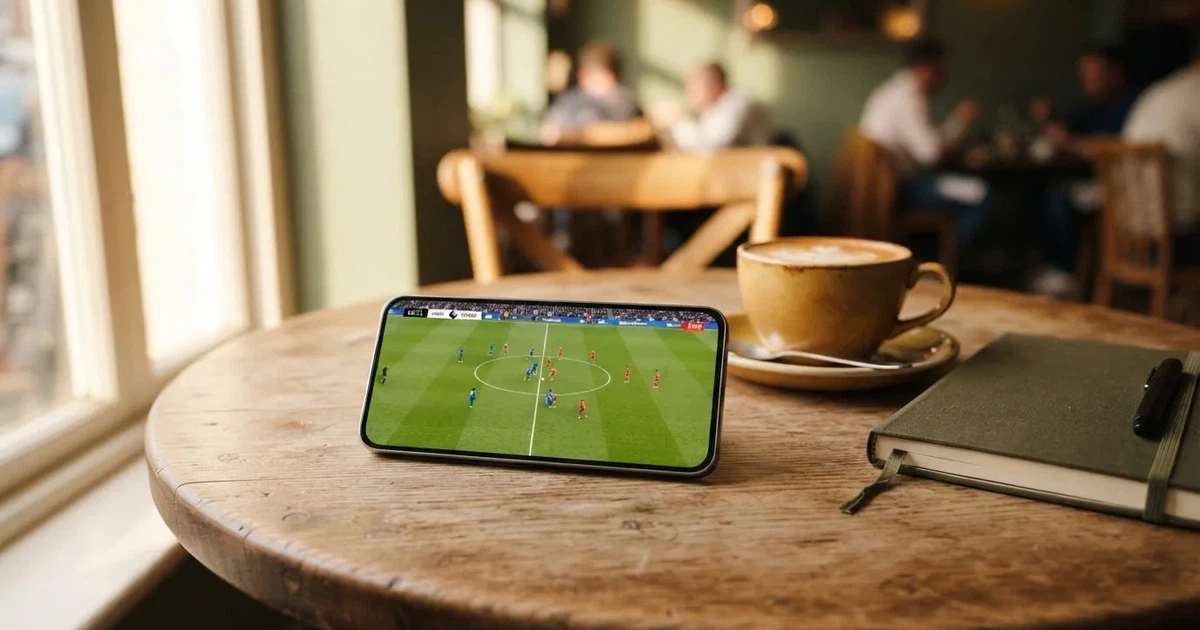 Ein Smartphone mit dunklem Bildschirm liegt auf einem Tisch in einem Café, daneben eine Tasse und ein Notizbuch.
