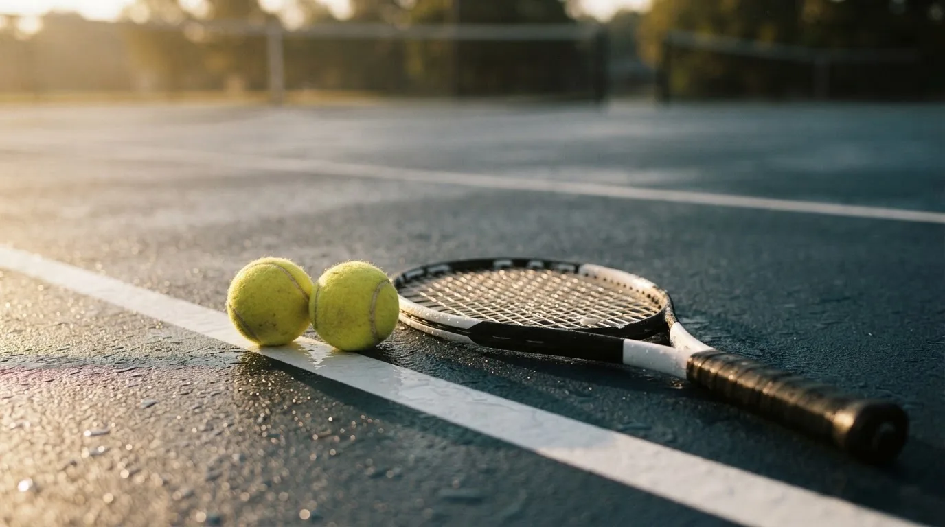Zwei Tennisbälle und ein Schläger liegen auf der Grundlinie eines Hartplatzes, kleine Wassertropfen glänzen auf dem Belag.