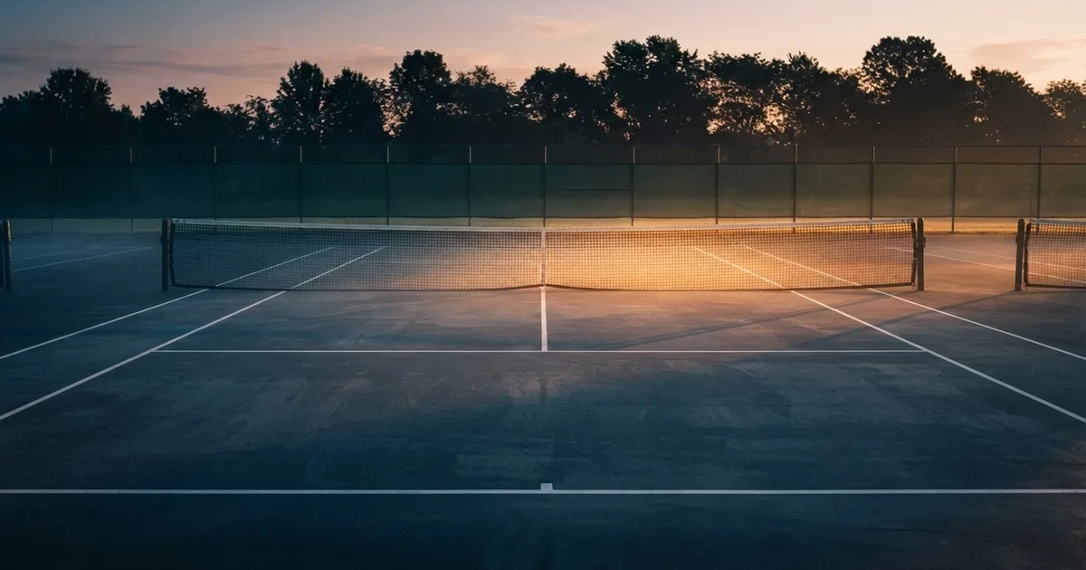 Ein leerer Tennisplatz mit Hartplatzbelag in der Morgendämmerung, das Netz im Gegenlicht und lange Schatten der Linien.