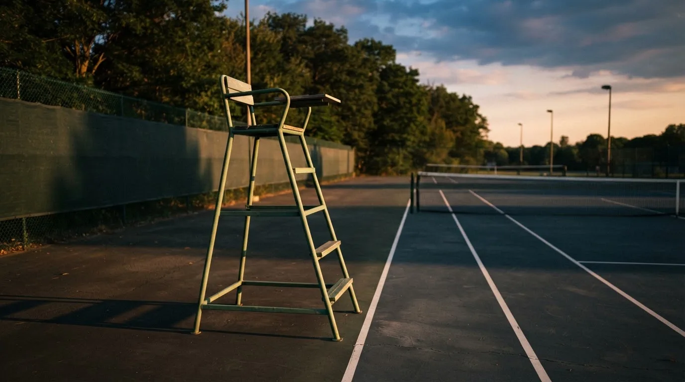 Ein leerer Schiedsrichterstuhl am Spielfeldrand eines Tennisplatzes im Abendlicht, lange Schatten auf dem Belag.