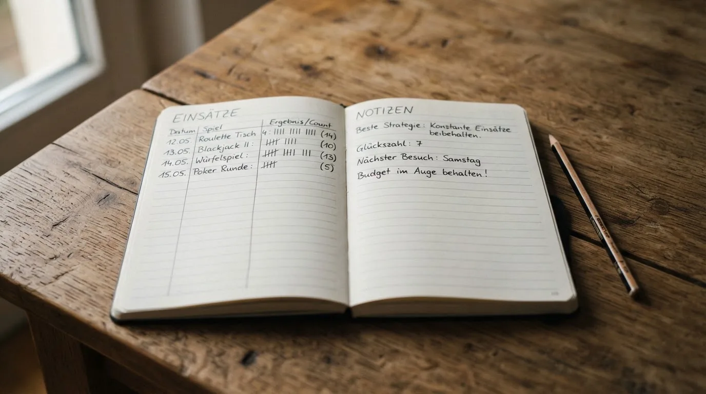 Ein handschriftlich geführtes Heft mit Strichlisten liegt neben einem Bleistift auf einem Tisch, seitlich fällt Tageslicht herein.
