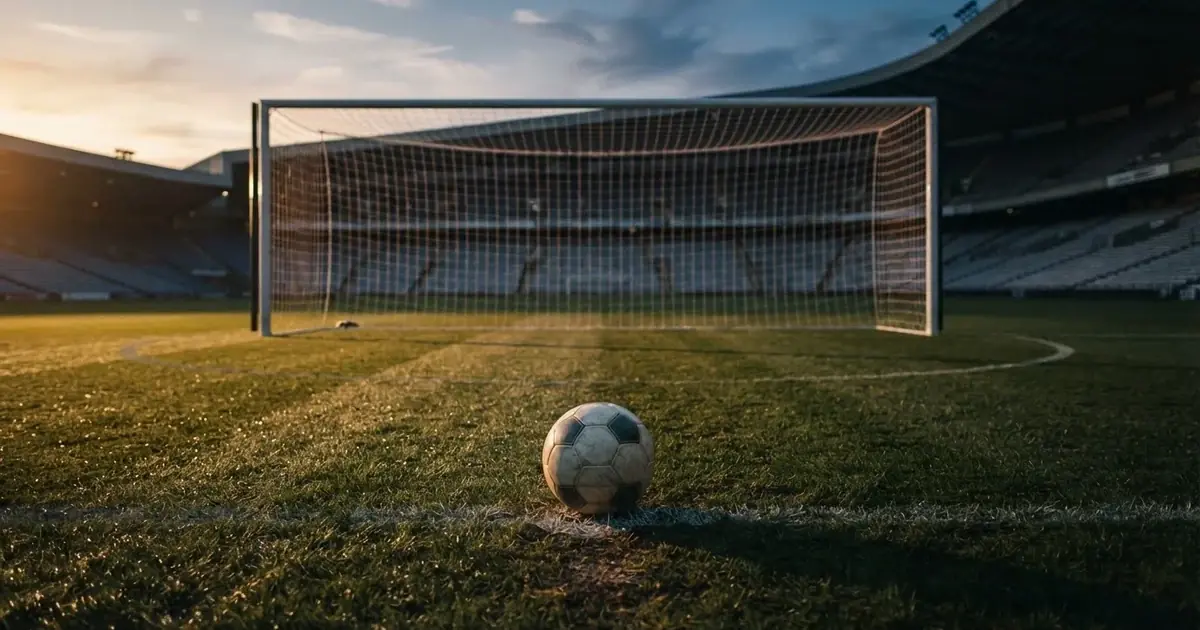 Ein Fußball liegt im Strafraum direkt vor dem Tor mit Netz, im Hintergrund leere Ränge bei Dämmerung.