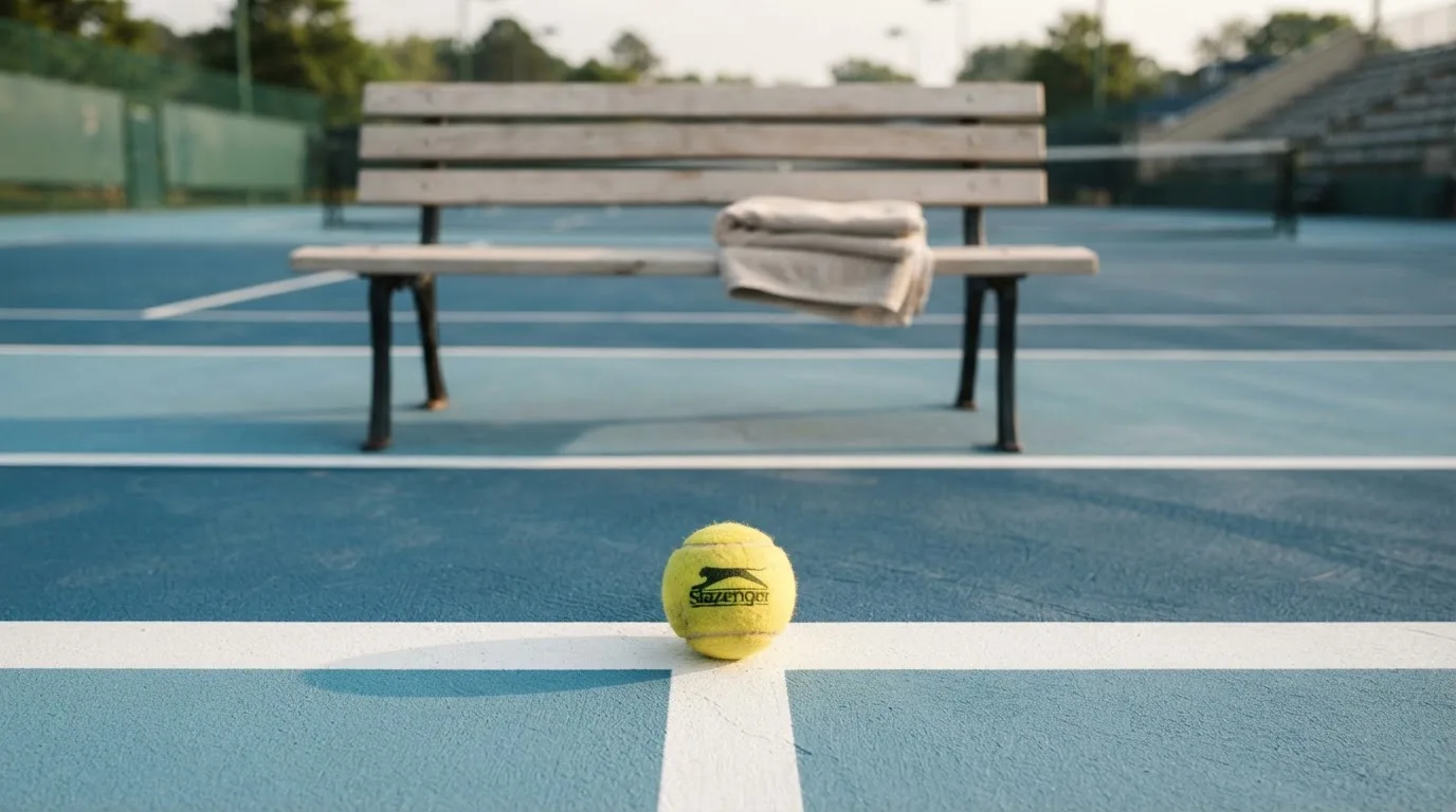 Ein gelber Tennisball liegt auf einer weißen Linie, daneben ein Handtuch auf einer Bank am Spielfeldrand.