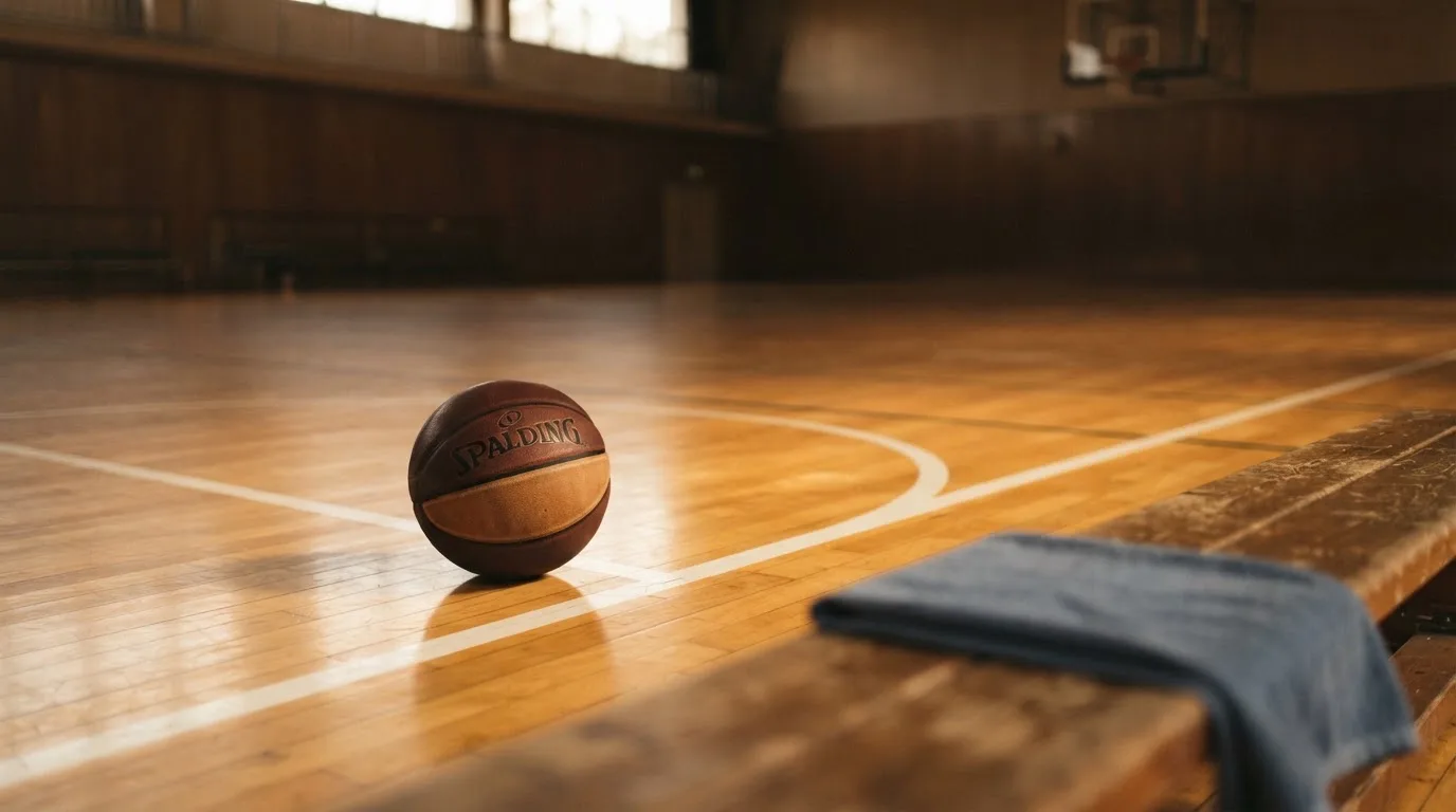 Ein Basketball liegt auf der Freiwurflinie einer Halle, im Vordergrund ein Handtuch auf einer Bank.