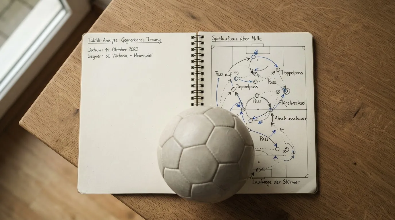 Ein Fußball liegt auf einem Notizbuch mit handgezeichneten Skizzen von Spielzügen, aufgenommen von oben auf einem Holztisch.