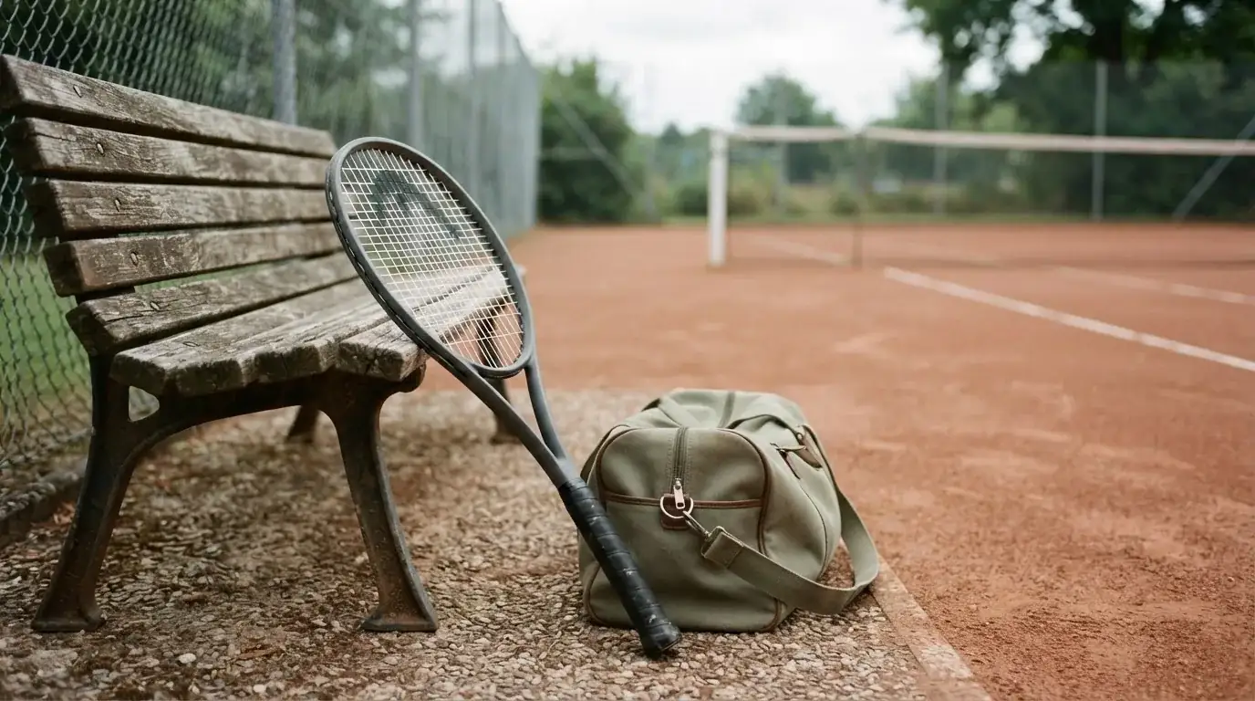 Ein Tennisschläger lehnt an einer Bank neben einer Sporttasche, im Hintergrund ein leerer Platz.