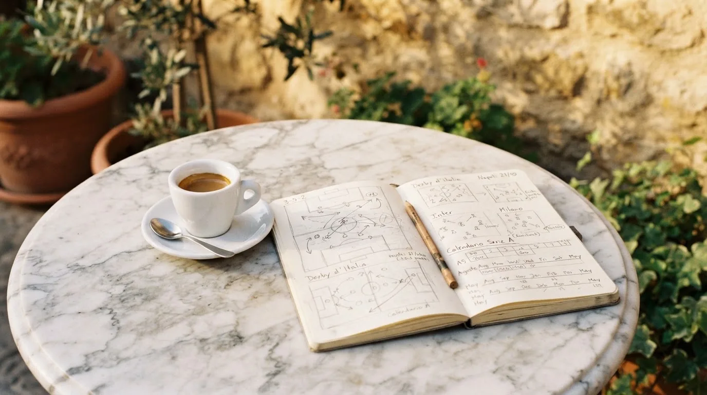 Eine Espressotasse steht auf einem kleinen Marmortisch einer Terrasse, daneben ein Notizheft mit handschriftlichen Skizzen.