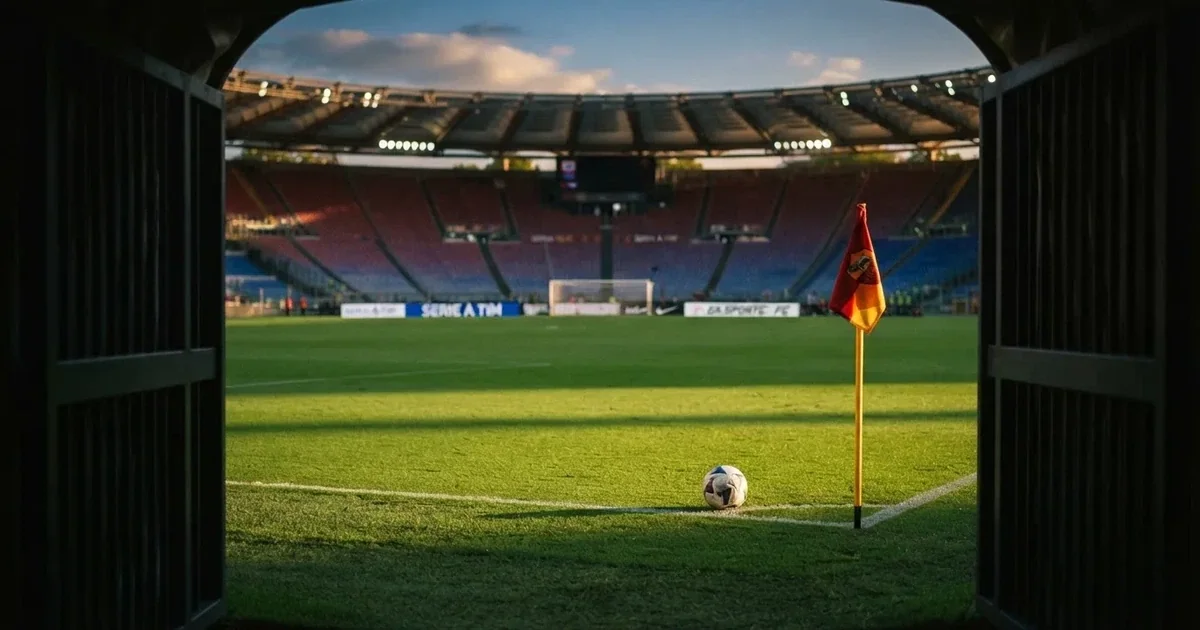 Blick durch ein Stadiontor auf einen grünen Rasen im Abendlicht, ein Ball liegt an der Eckfahne, die Ränge sind leer.