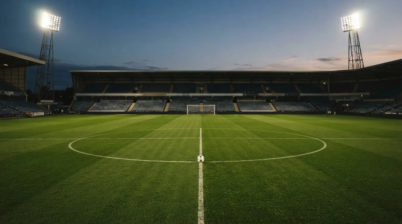 Eine leere Stadiontribüne unter Flutlicht aus der Ferne betrachtet, die Rasenfläche leuchtet grün in der Dämmerung.
