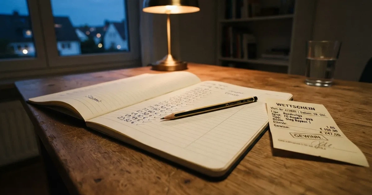 Ein aufgeschlagenes Notizbuch mit handschriftlichen Zahlenreihen und ein Bleistift liegen neben einem Taschenrechner auf einem Schreibtisch.