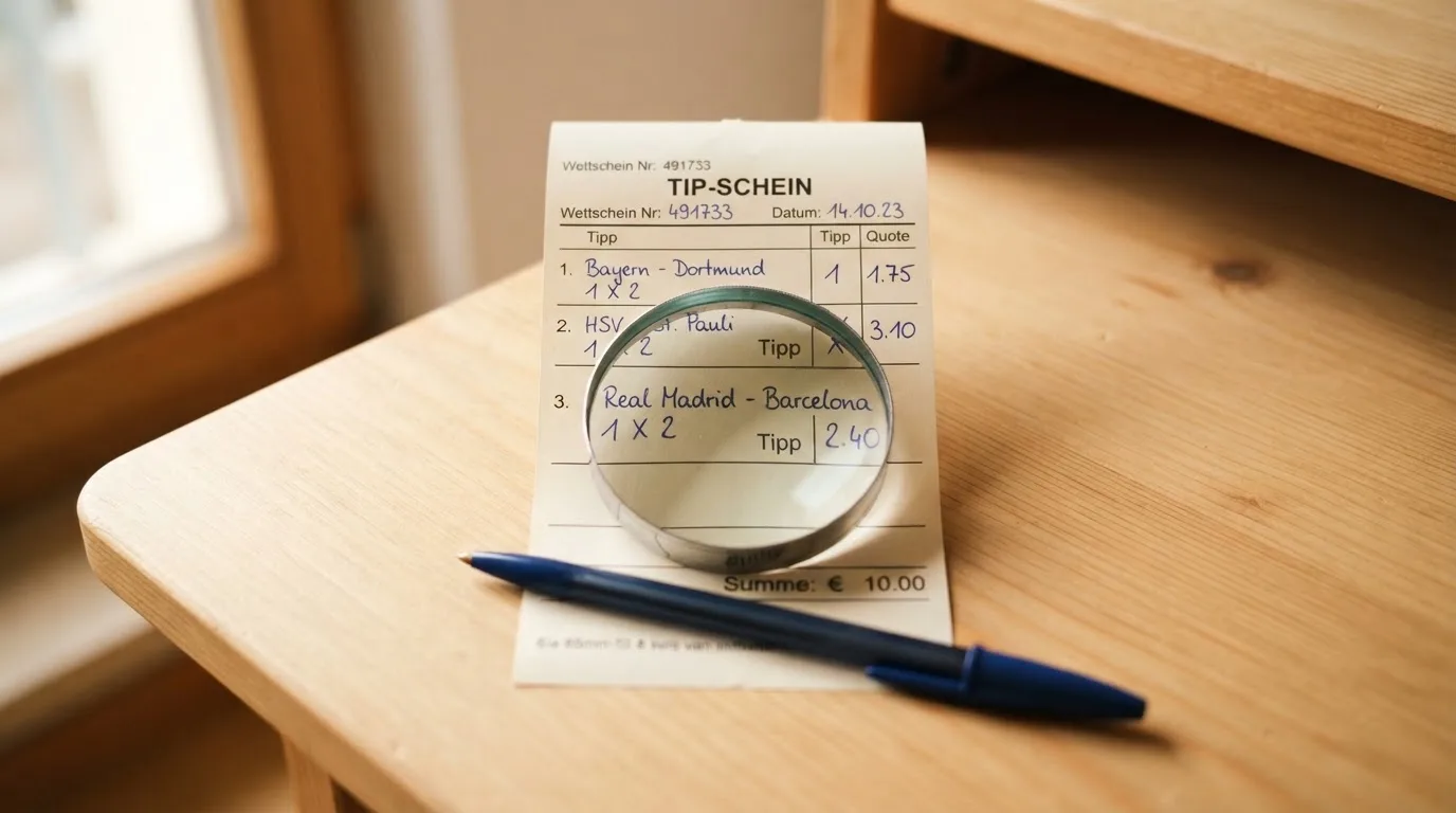 Ein leerer Wettschein aus Papier und ein Kugelschreiber liegen auf einem Schreibtisch neben einer Lupe.