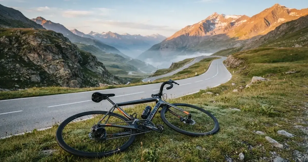 Eine leere Landstraße schlängelt sich im Morgenlicht durch einen Gebirgspass, am Straßenrand liegt ein einzelnes Rennrad im Gras.