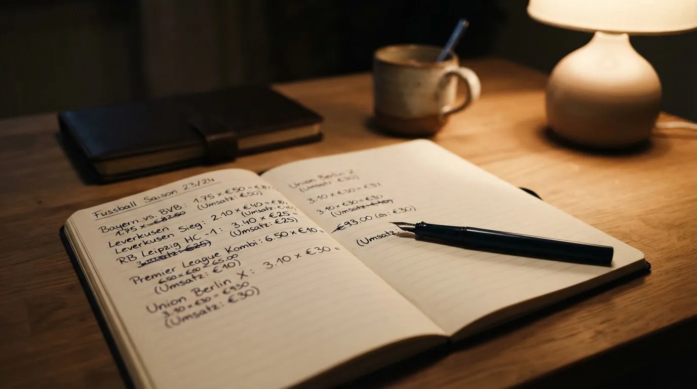 Ein Notizbuch mit handschriftlichen Rechnungen und ein Taschenrechner liegen auf einem aufgeräumten Schreibtisch in warmem Licht.