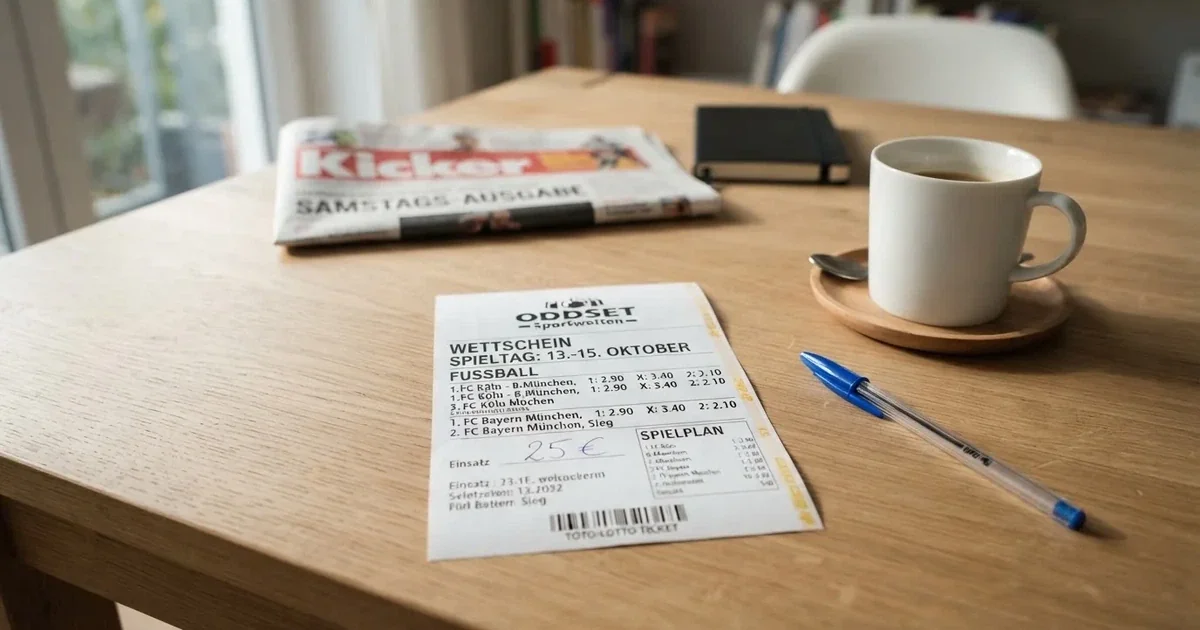Ein leerer Papier-Wettschein liegt neben einem Kugelschreiber und einer Kaffeetasse auf einem hellen Holztisch, Tageslicht von links.