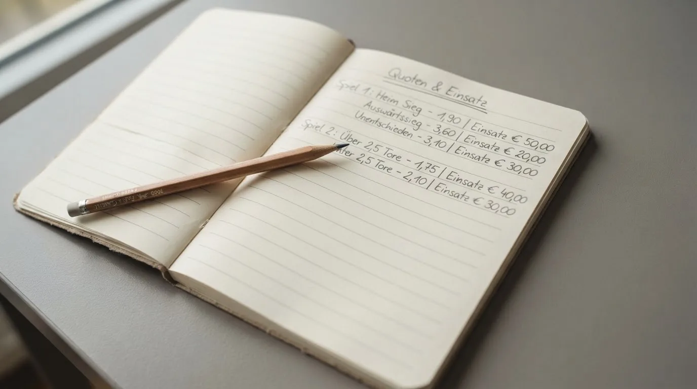 Ein Taschenrechner, ein Bleistift und ein Block mit handschriftlichen Zahlenreihen liegen auf einer grauen Arbeitsfläche.