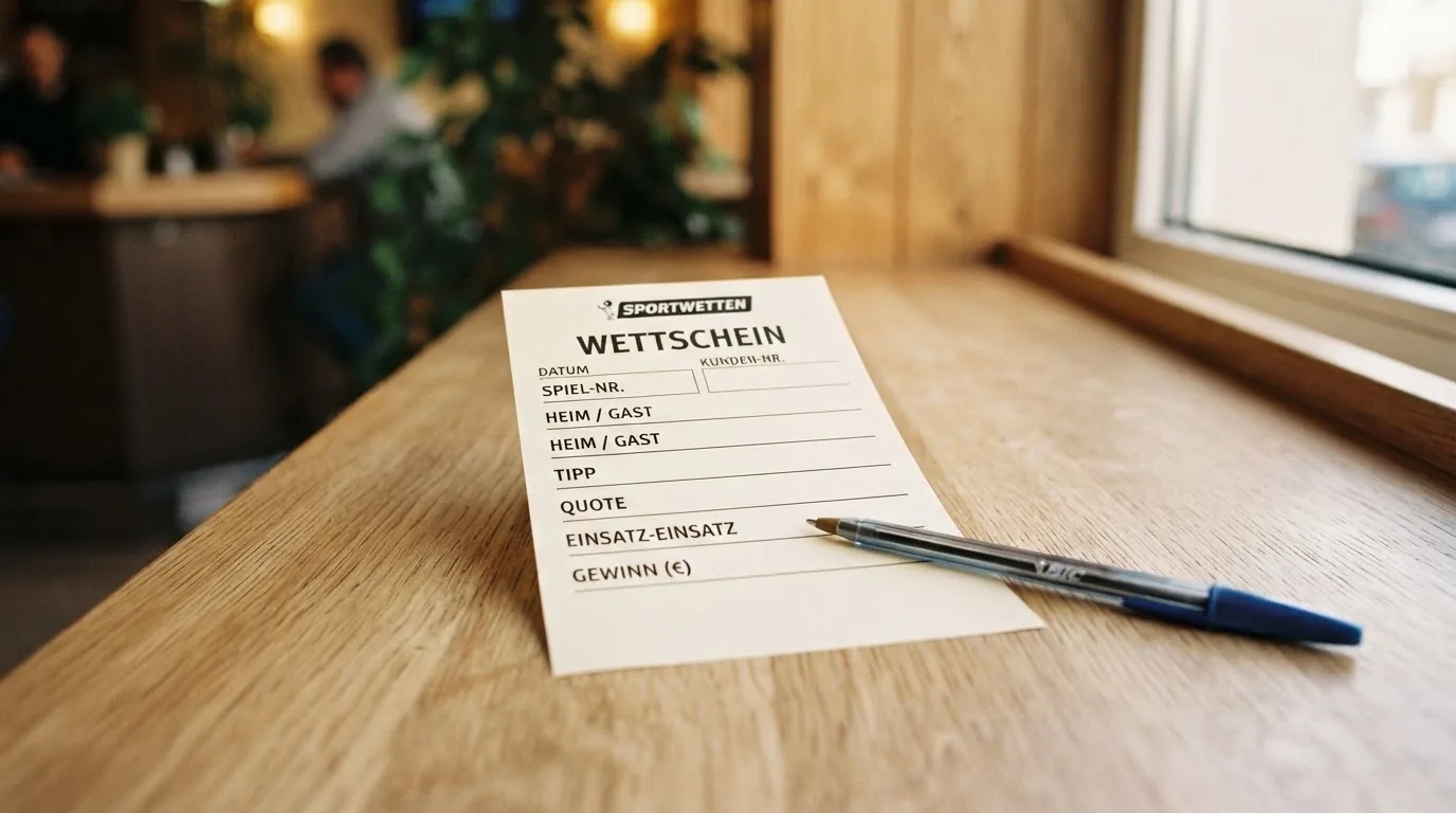 Ein leerer Papier-Wettschein und ein Kugelschreiber liegen auf einer Theke aus hellem Holz im Tageslicht.