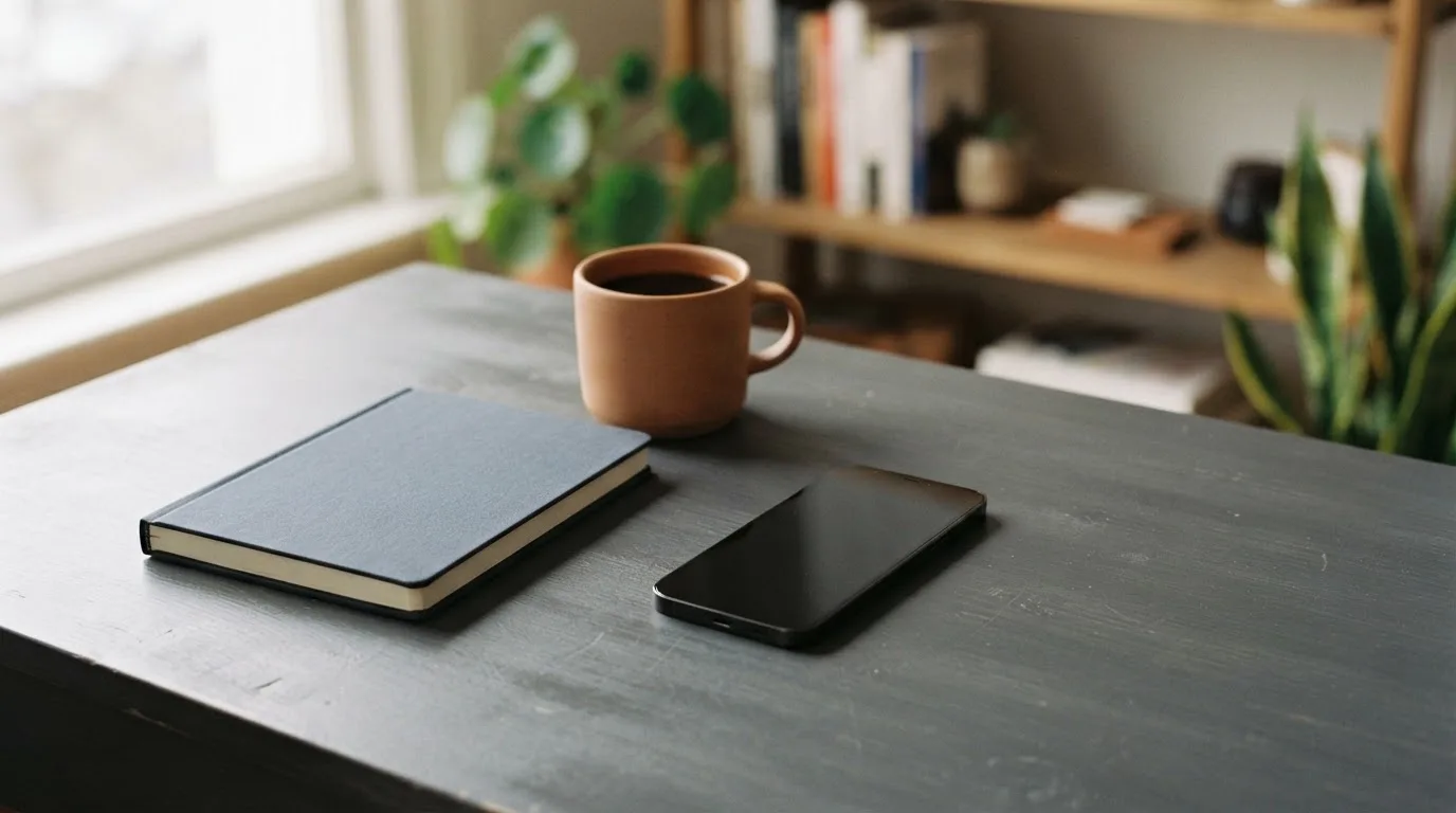 Ein Smartphone liegt mit dunklem Display auf einem Schreibtisch neben einem Notizbuch und einer Kaffeetasse.