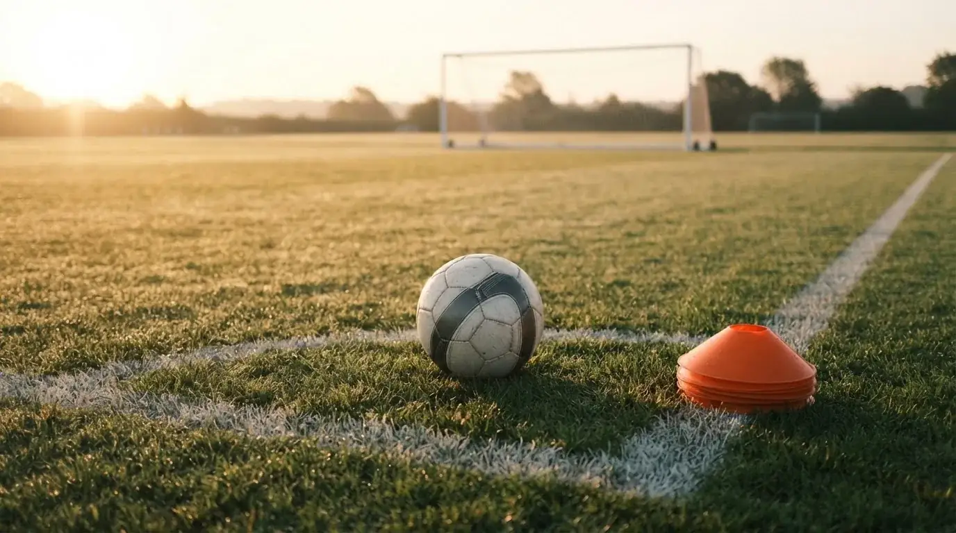 Ein Fußball liegt auf einem Rasenplatz bei Sonnenaufgang, daneben ein kleiner Stapel Trainingshütchen.