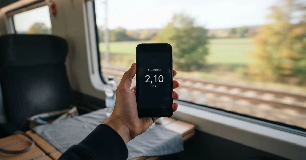 Eine Hand hält ein Smartphone mit dunklem Display in einem Zug, am Fenster ziehen verschwommen Felder vorbei.