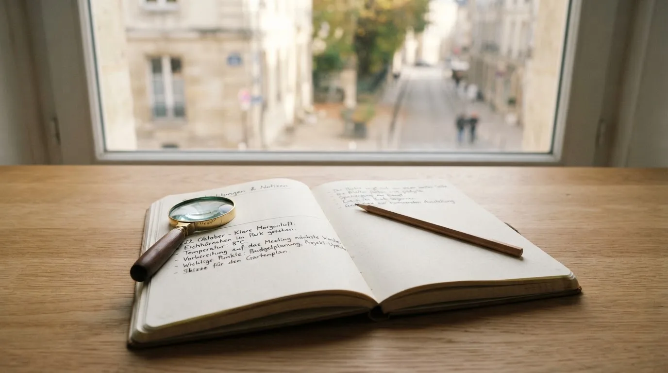 Ein schmaler Schreibtisch am Fenster mit einem Notizbuch, einer Lupe und einem Bleistift im Morgenlicht.