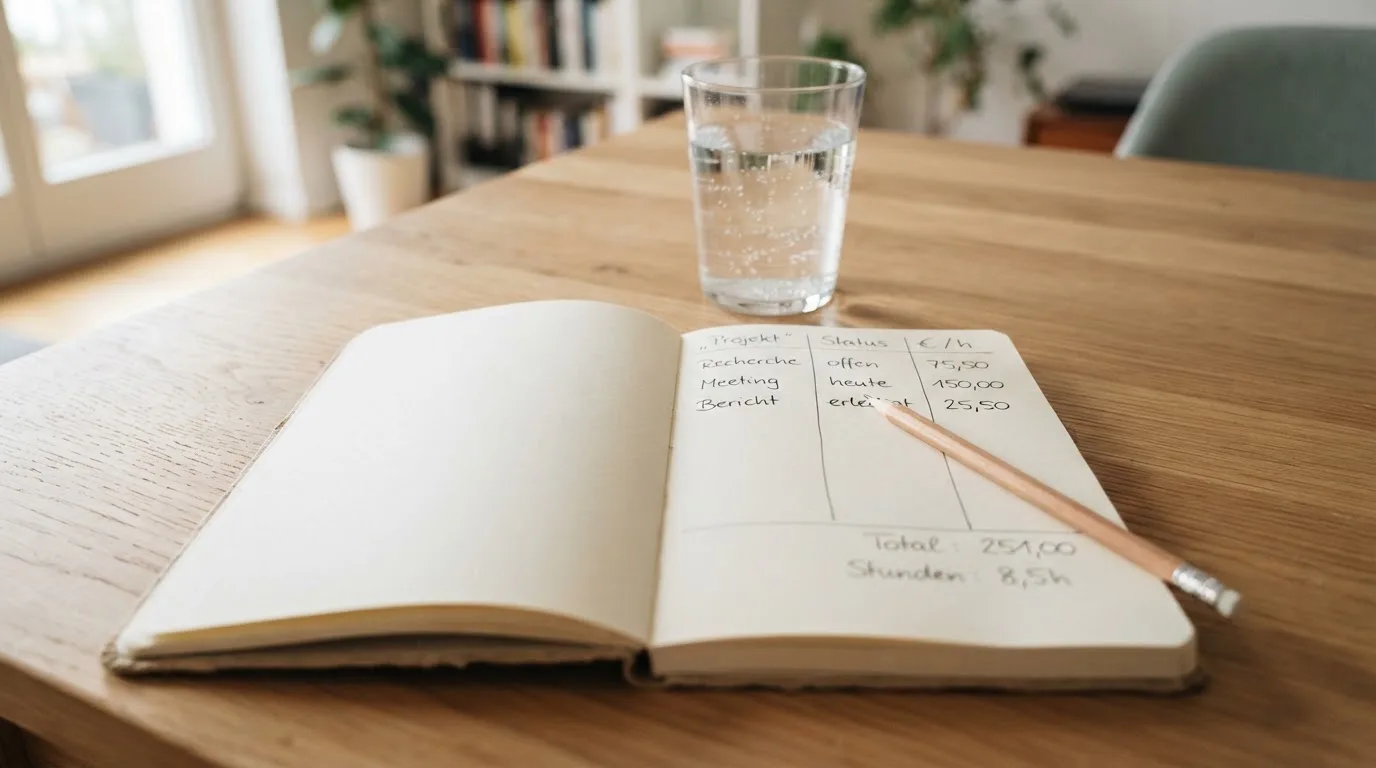 Ein Notizbuch mit handgezeichneten Spalten und ein Bleistift liegen auf einem hellen Holztisch neben einem Glas Wasser.