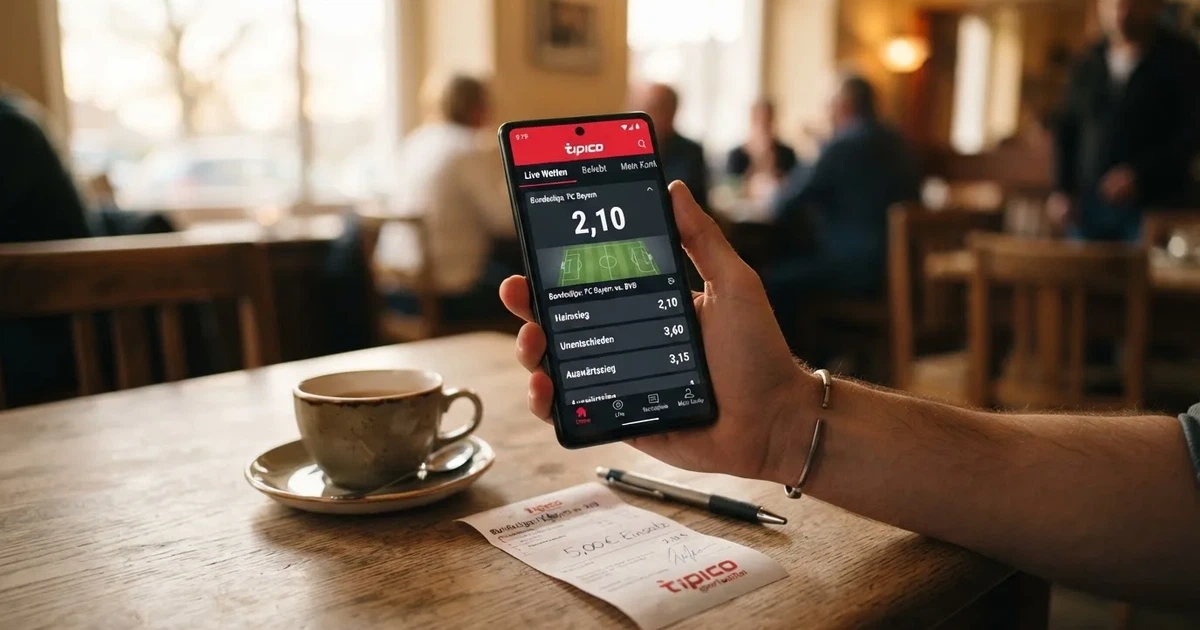 Eine Hand hält ein Smartphone mit dunklem Display, im Hintergrund unscharf ein Café-Tisch mit einer Tasse.