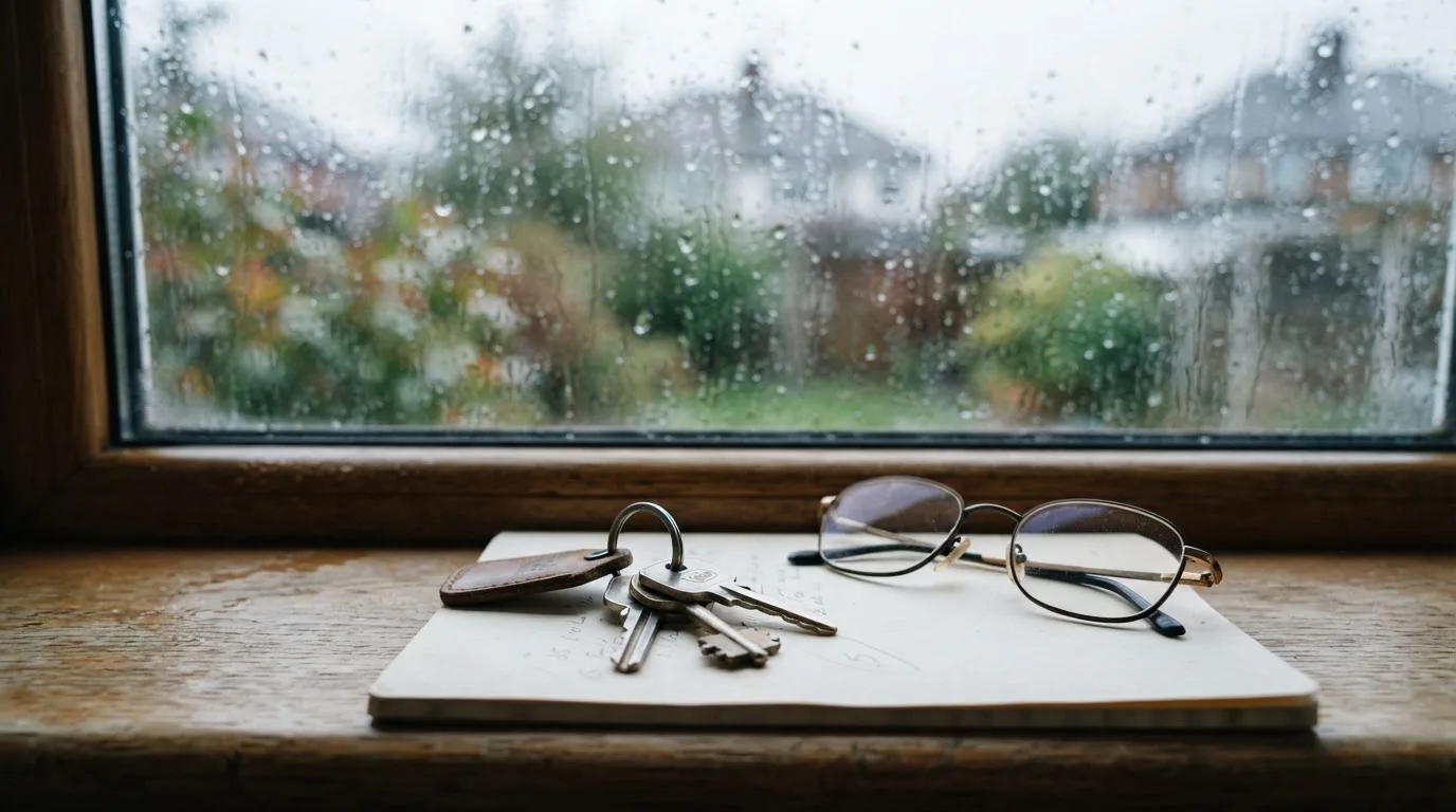 Ein Schlüsselbund und eine Brille liegen auf einem leeren Block neben einem Fenster mit Regentropfen.
