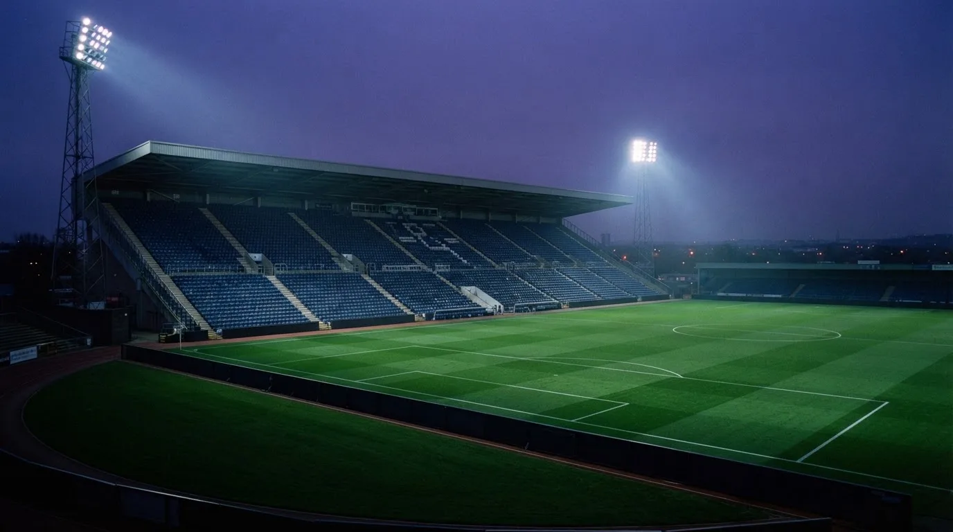 Eine leere Stadiontribüne unter Flutlicht aus der Ferne betrachtet, die Rasenfläche leuchtet grün in der Dämmerung.