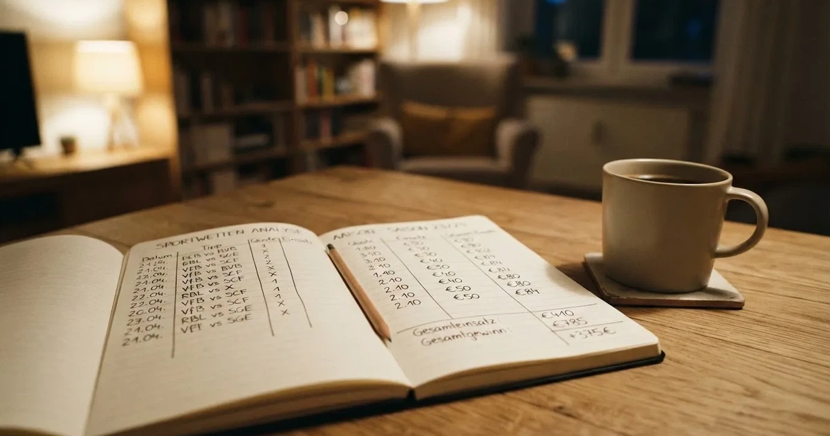 Handschriftliche Zahlenkolonnen in einem Notizbuch, daneben ein Bleistift und eine Tasse Kaffee auf hellem Holz.