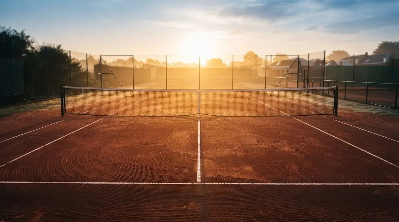 Ein Tennisplatz aus Sand bei Sonnenaufgang, das Netz im Gegenlicht, kein Mensch zu sehen.