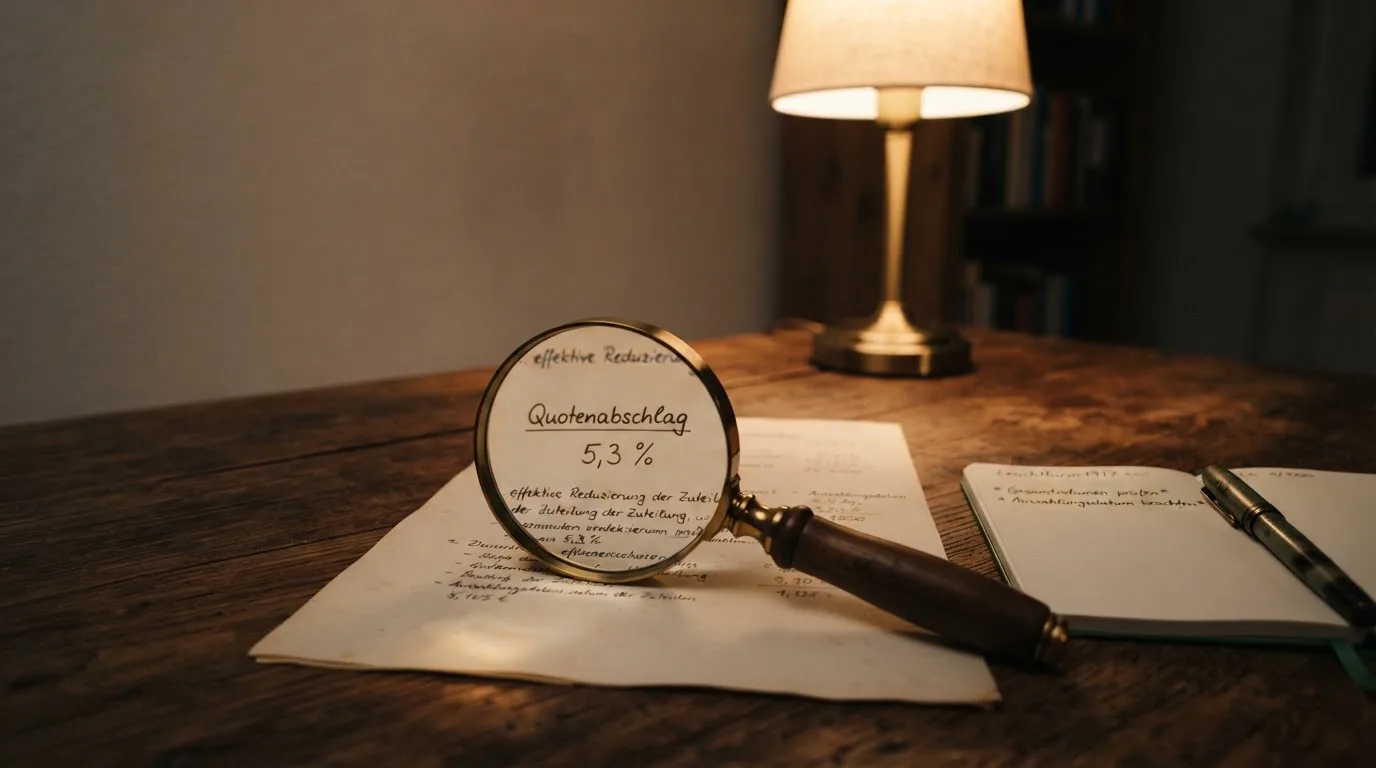 Ein Schreibtisch mit Lupe und leerem Block unter einer Lampe in einem ruhigen Raum.