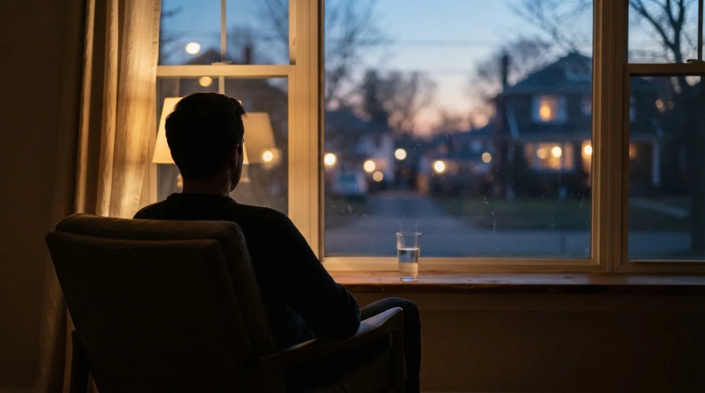 Die Silhouette einer Person sitzt am Abend am Fenster und blickt auf eine Straße, auf dem Fensterbrett steht ein Glas Wasser.
