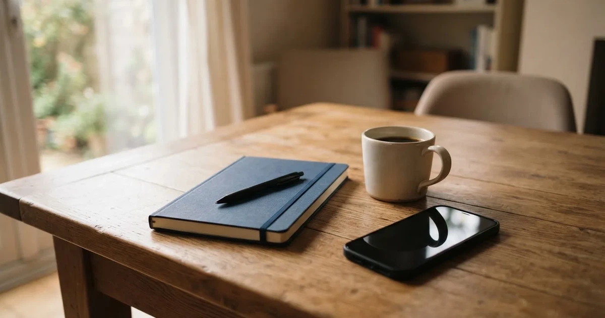 Ein Holzschreibtisch im Morgenlicht mit geschlossenem Notizbuch, Kugelschreiber und Kaffeetasse, daneben ein Smartphone mit dunklem Bildschirm.