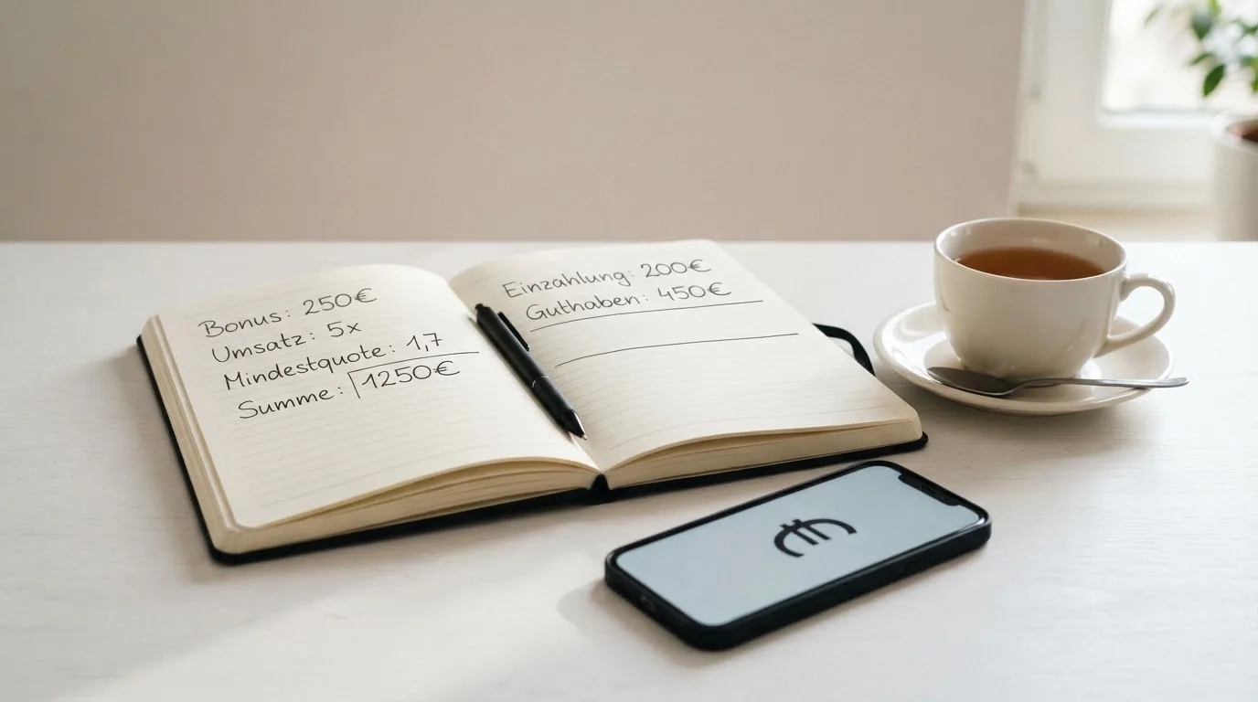 Ein Notizbuch mit handgeschriebenen Rechnungen und ein Taschenrechner auf einem hellen Schreibtisch neben einer Tasse Tee.