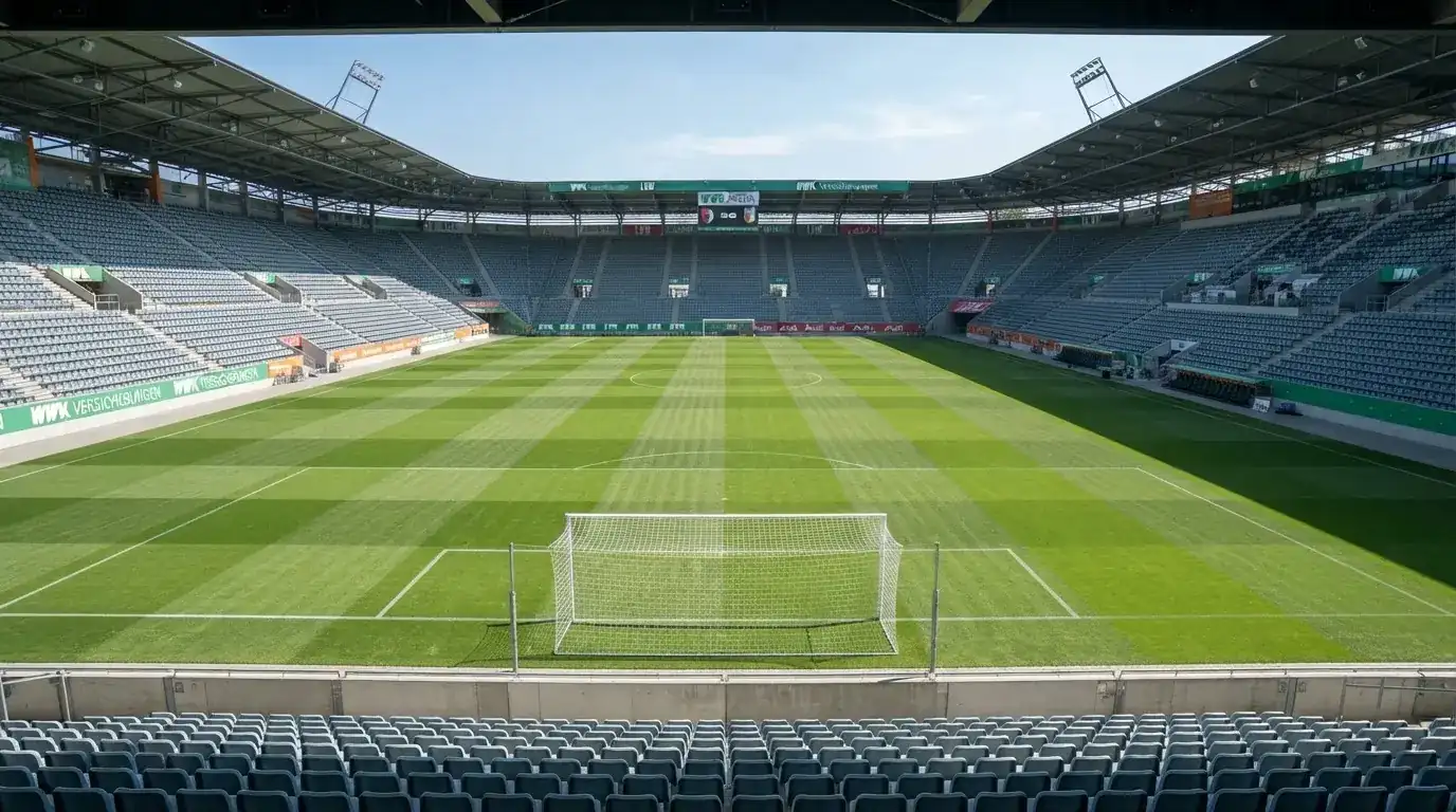 Ein leeres Fußballstadion bei Tageslicht von der Tribüne aus gesehen, der Rasen zeigt gleichmäßige Mähstreifen.