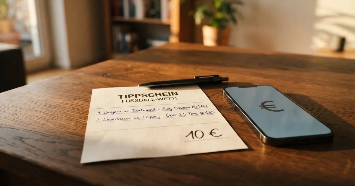 Ein leerer Papier-Wettschein und ein Kugelschreiber liegen auf einem Tisch, daneben ein kleiner Stapel Münzen.
