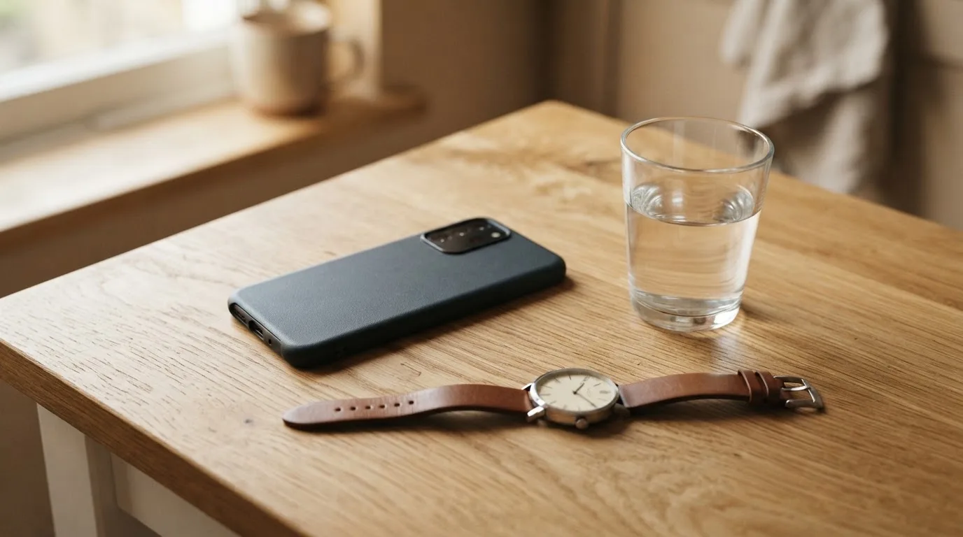 Ein Smartphone liegt mit dem Display nach unten auf einem Küchentisch, daneben stehen ein Glas Wasser und eine Armbanduhr.