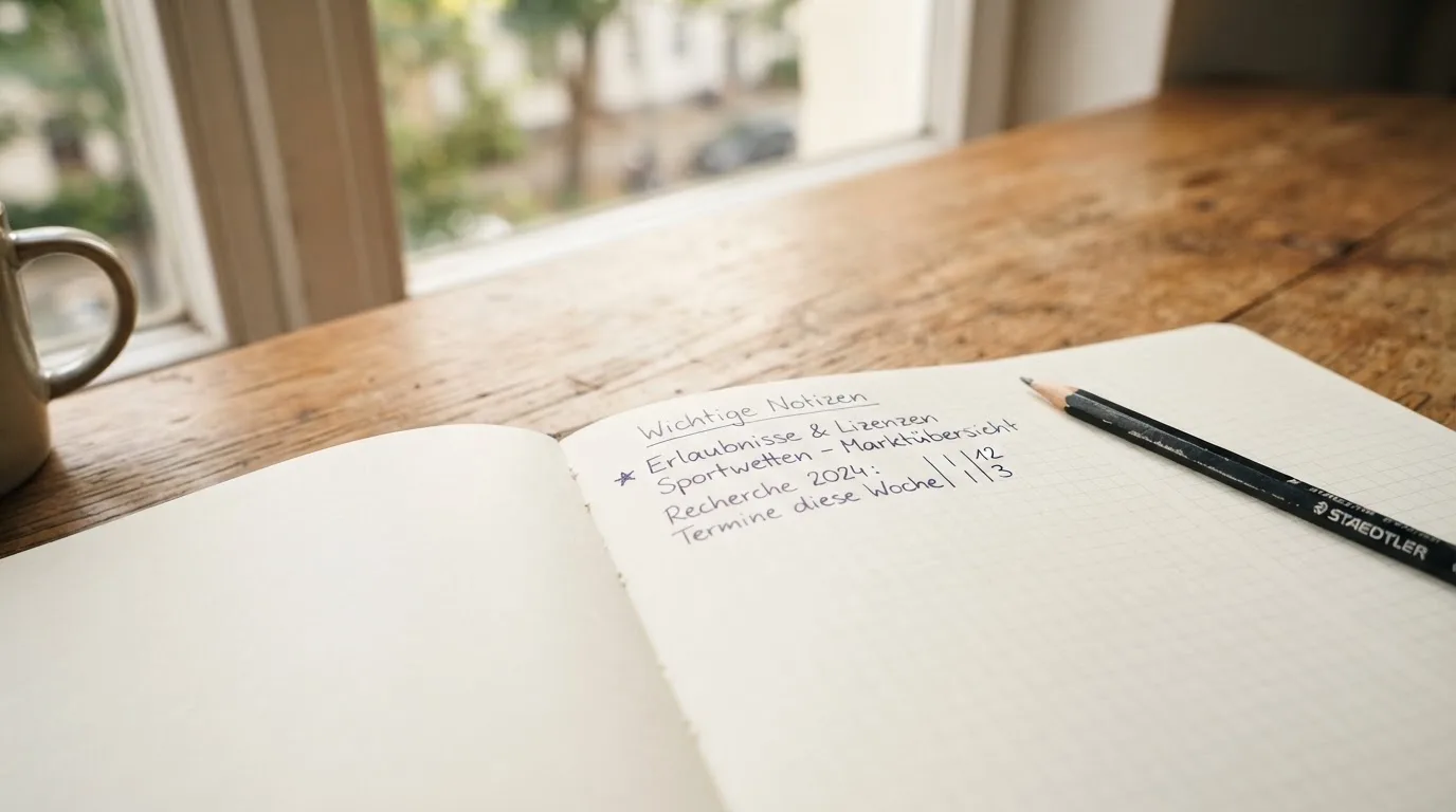 Ein Notizbuch mit handschriftlichen Notizen und ein Bleistift liegen auf einem Schreibtisch am Fenster, draußen fällt Morgenlicht herein.