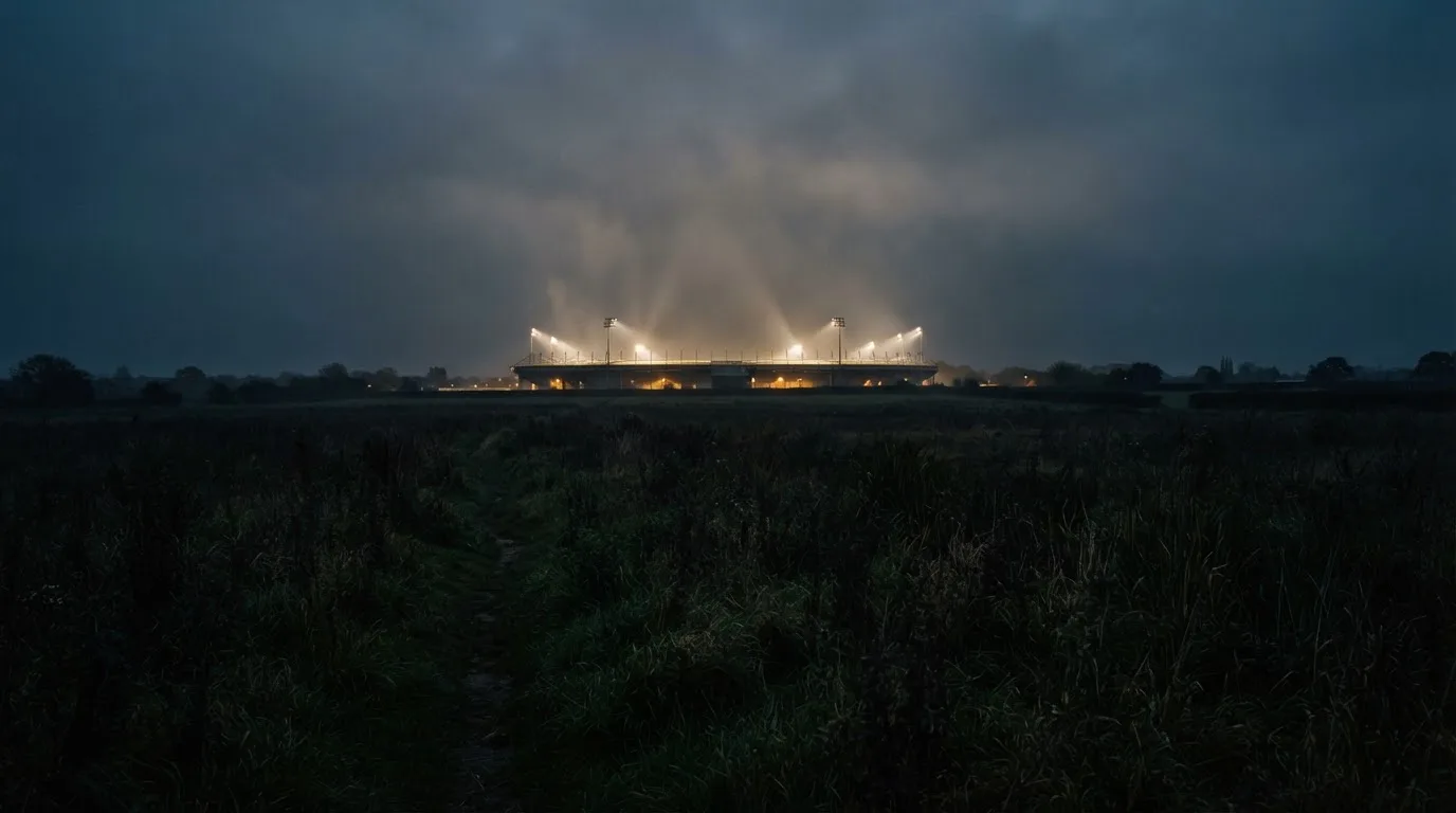 Ein Stadion unter Flutlicht, aus großer Entfernung über eine dunkle Wiese fotografiert, am Himmel zieht Nebel auf.
