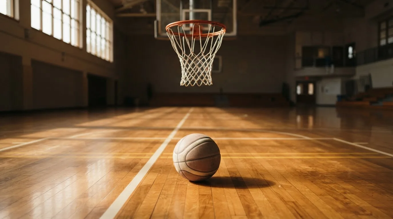 Ein Basketball liegt auf dem Hallenboden unter einem Korb, das Netz hängt ruhig, Morgenlicht fällt durch hohe Fenster.