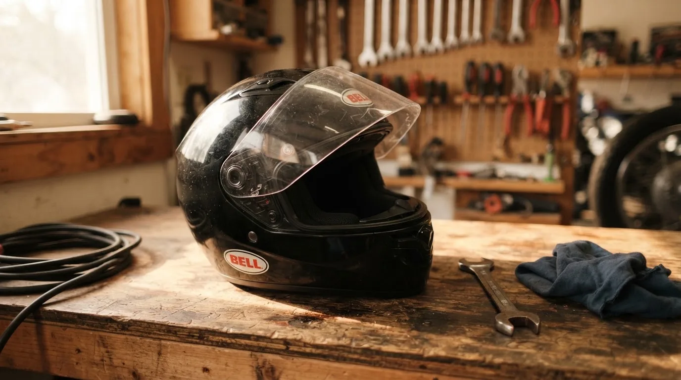 Ein schwarzer Motorradhelm ohne Aufdruck liegt auf einer Werkbank neben einem Schraubenschlüssel, warmes Licht einer Werkstatt.