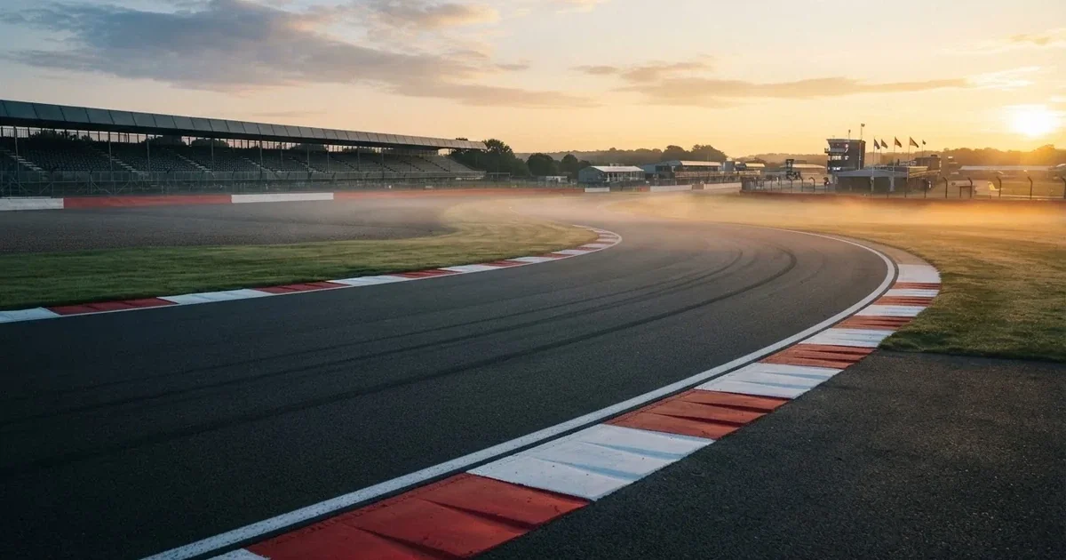 Eine leere Rennstrecke mit rot-weißen Randsteinen im frühen Morgenlicht, auf dem Asphalt liegt dünner Nebel, keine Fahrzeuge.
