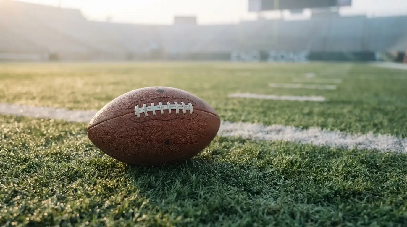 Ein ovaler Lederball mit heller Schnürung liegt auf dem Rasen vor der Endzone, Tau auf dem Gras im ersten Morgenlicht.